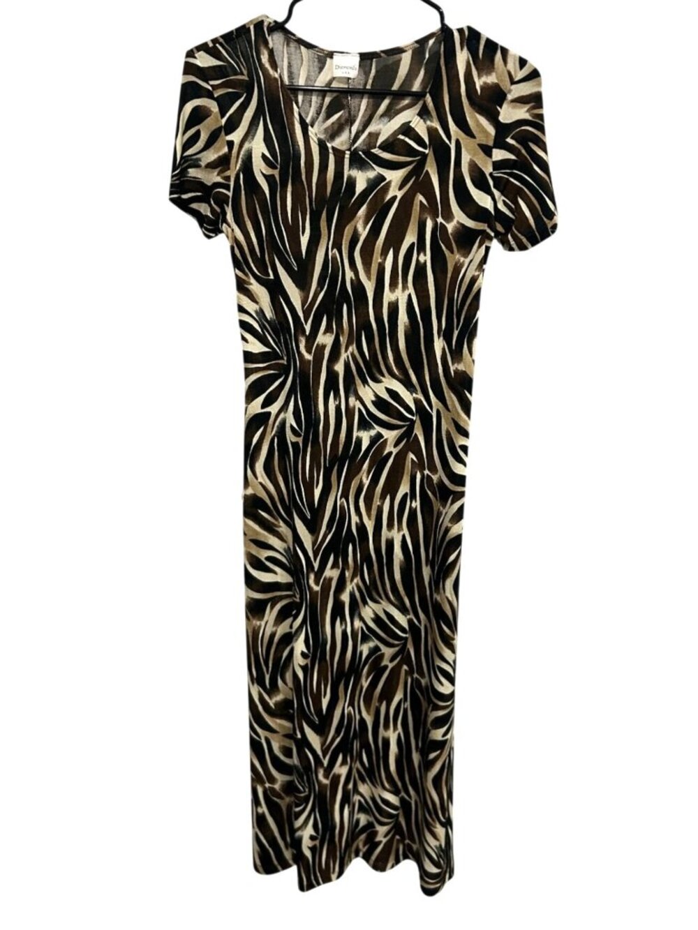 Diamonds Small Animal Print Brown Beige Short Sleeve Maxi Dress Retro Vintage